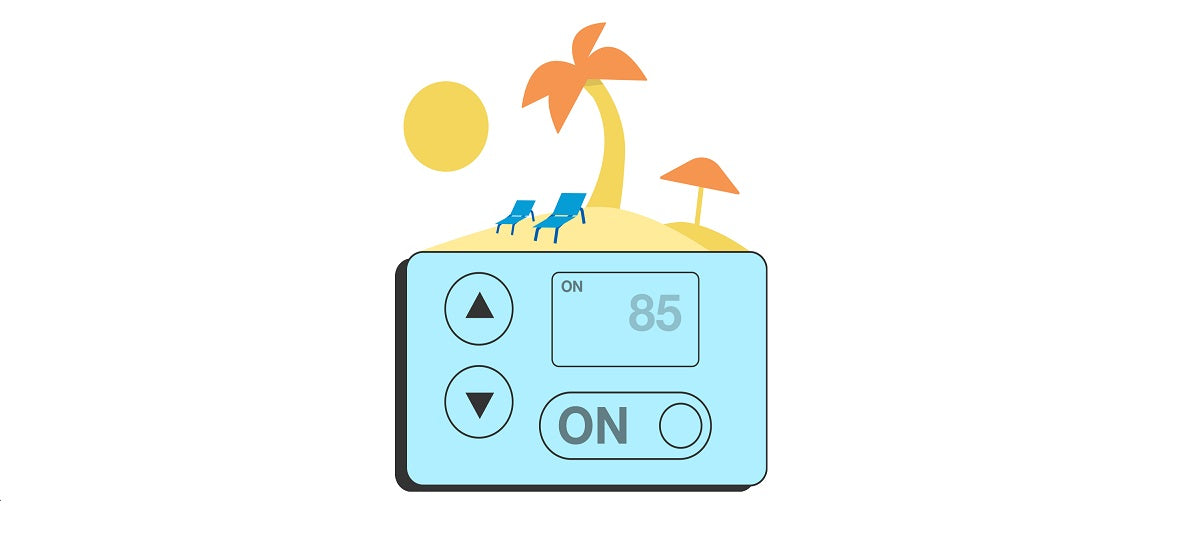Thermostat set to 85 degrees F with tropical imagery above it